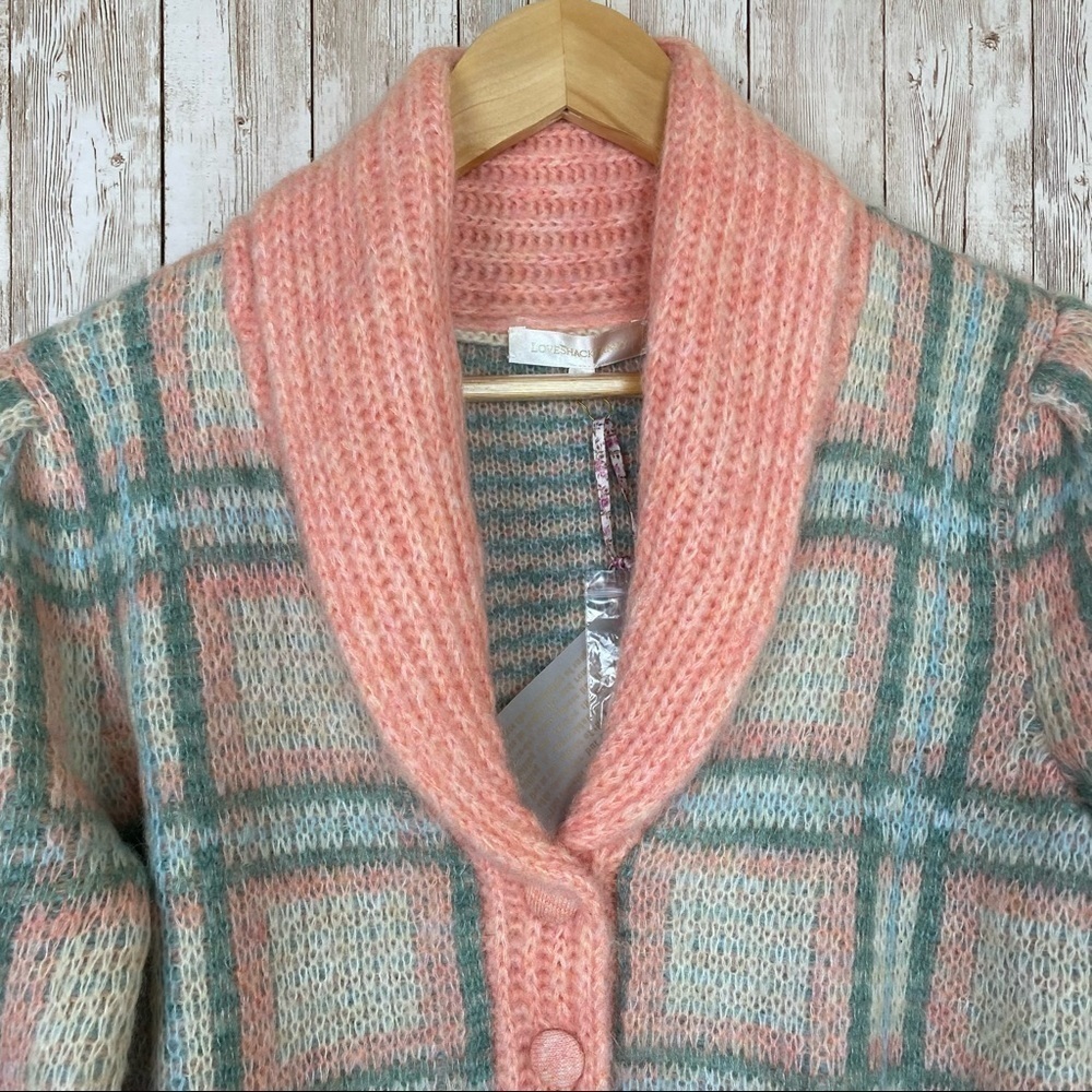 LoveShackFancy Jeeves Magnolia Pink Plaid Wool and Mohair Long Sleeve Cardigan - Picture 4 of 13